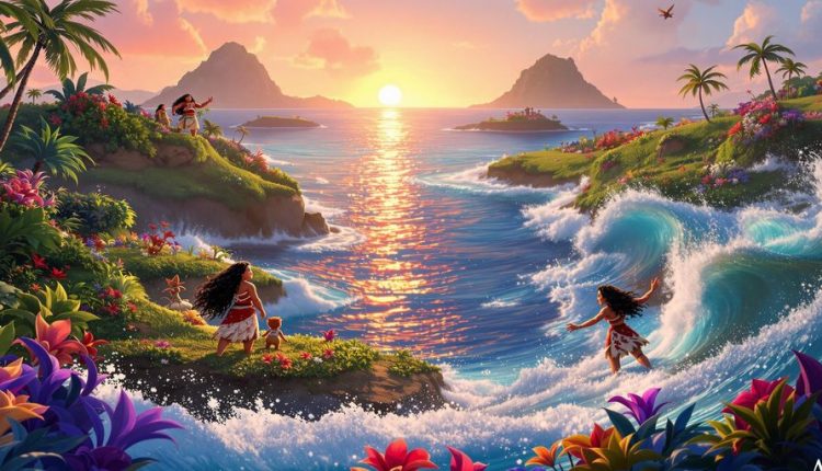 Moana and friends on a tropical adventure in Moana 2.