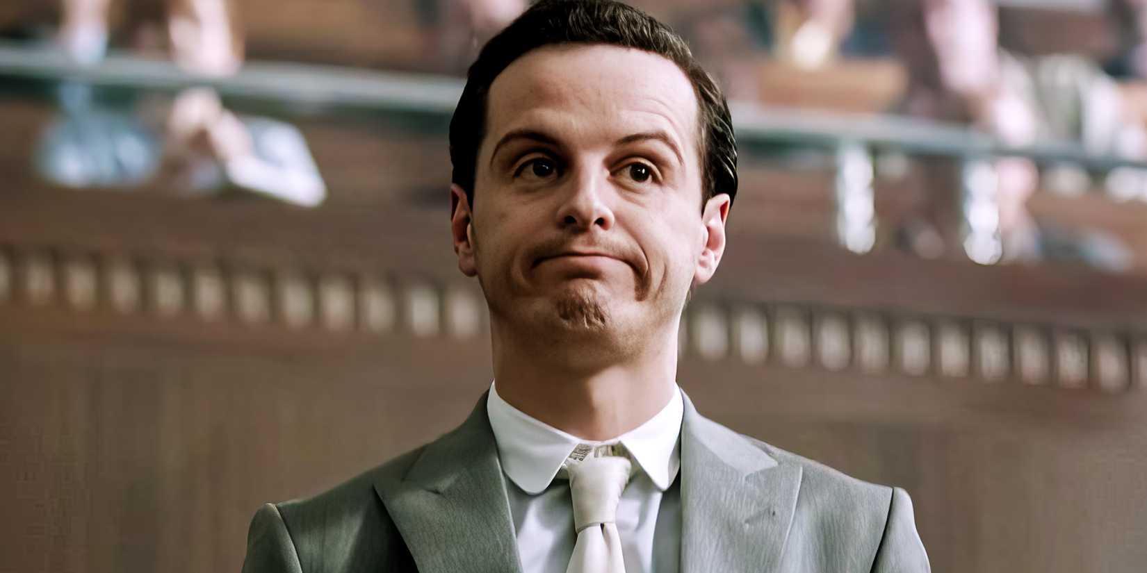 Andrew Scott as Moriarty in Sherlock making a funny face