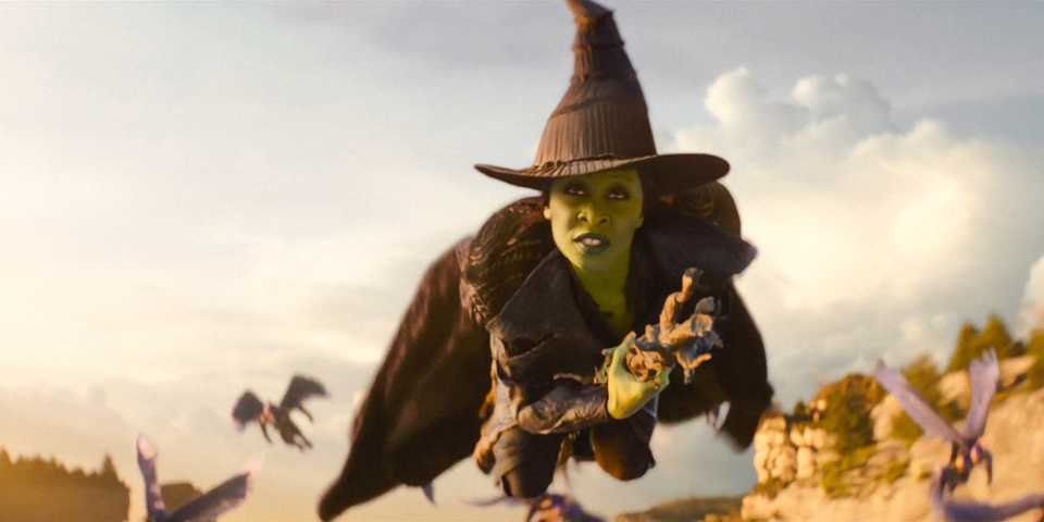 Elphaba flying on broom in Wicked For Good