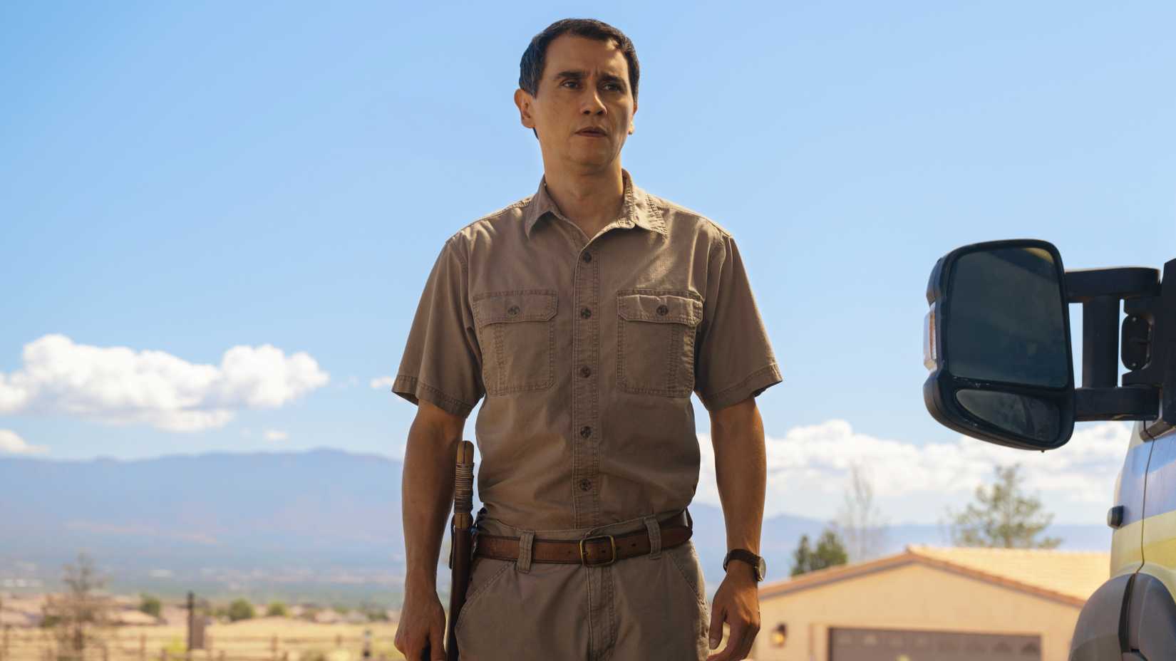 Manousos outside Carol’s home in Pluribus