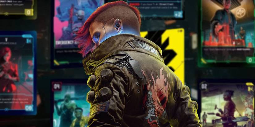 Cyberpunk 2077 main character V next to cards from upcoming TCG