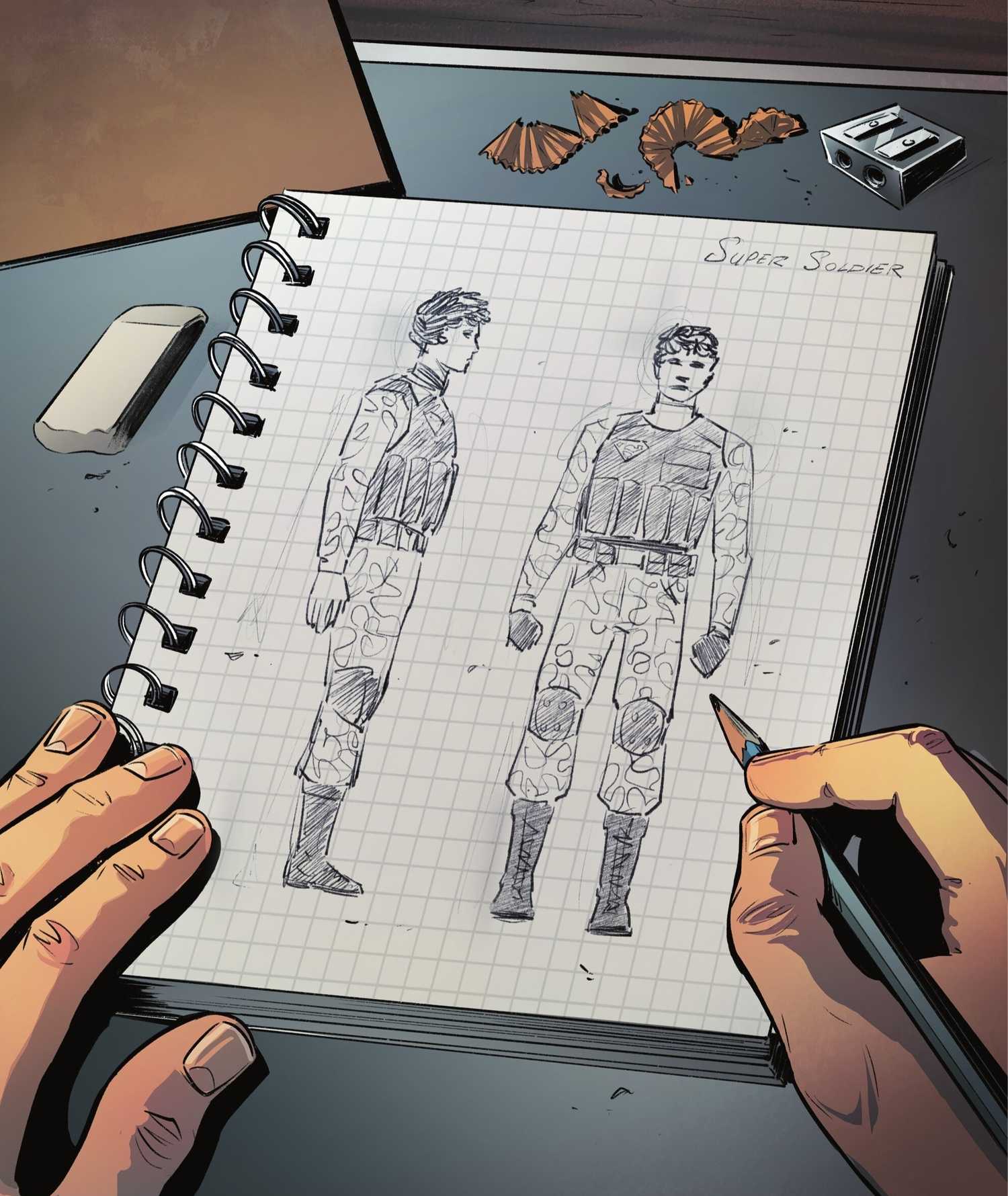 Superboy as Super Soldier Name and Costume Sketch in DC Comics