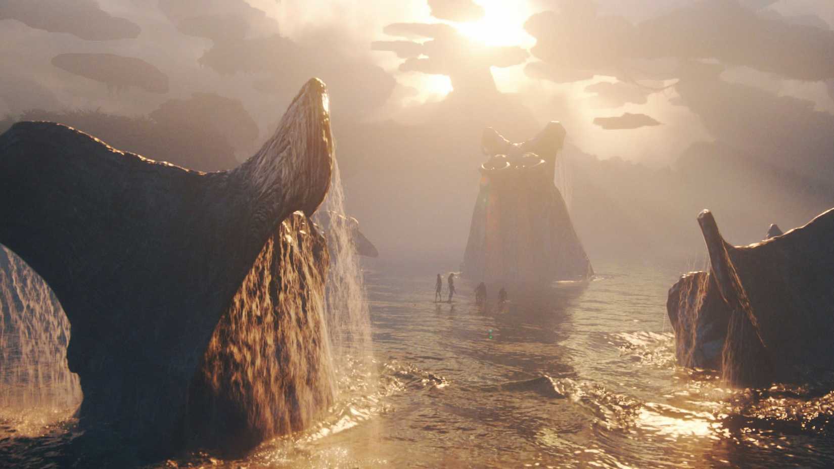 Tulkun elders breach around some Na'vi in Avatar Fire and Ash