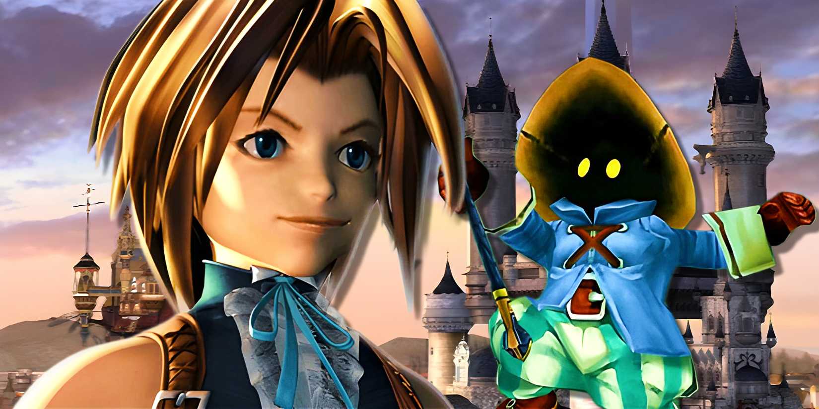 Zidane and Vivi in front of Alexandria from Final Fantasy 9
