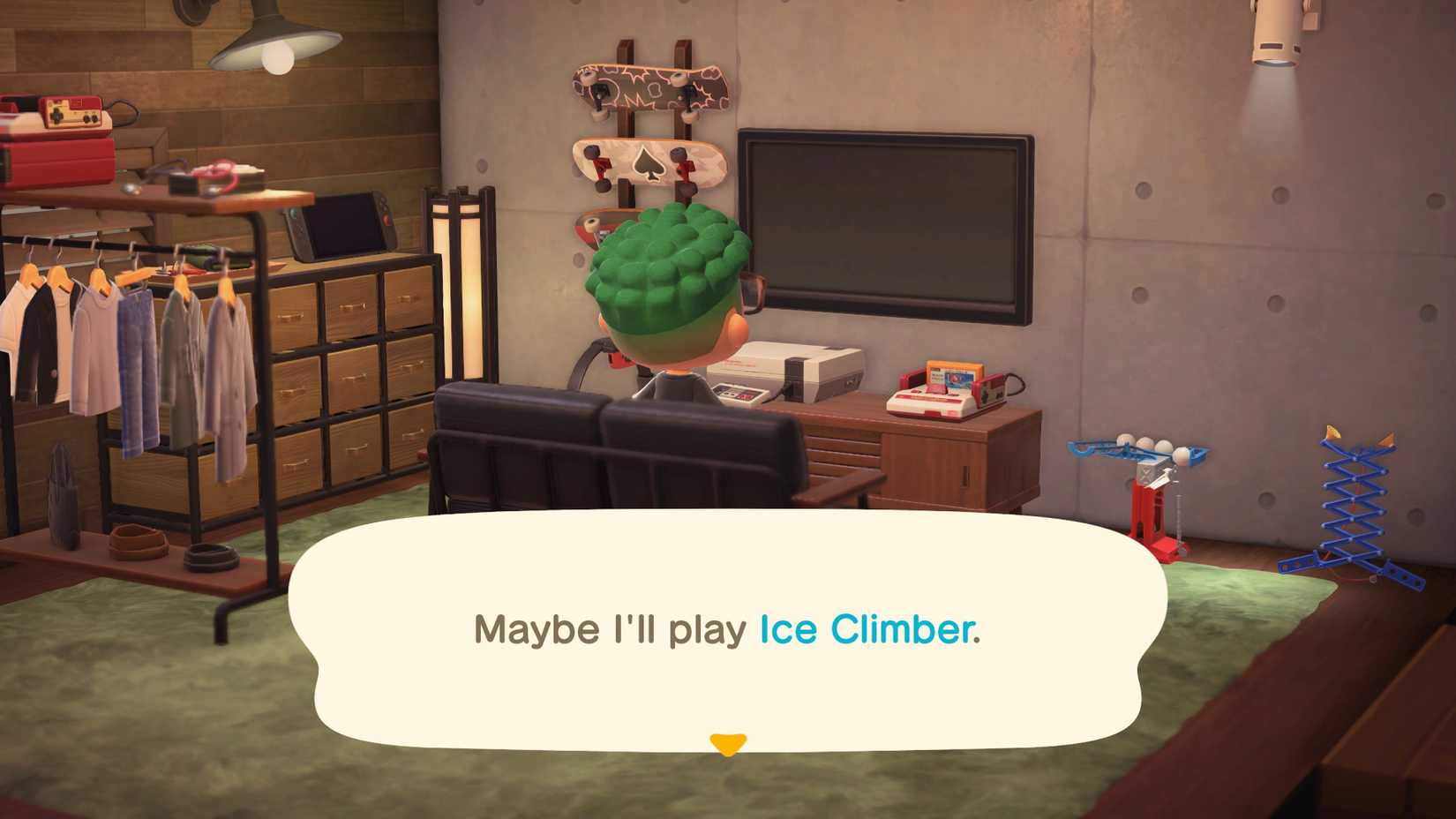 Animal Crossing character using an NES saying, 'Maybe I'll play Ice Climber.'