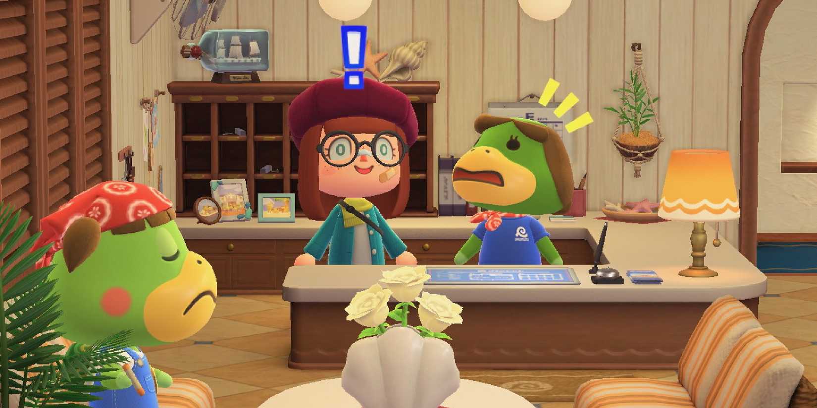 Animal Crossing New Horizons player standing with Leilani in the hotel