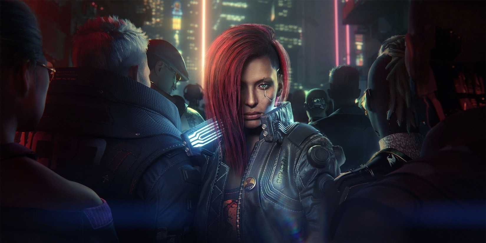 A female V walking among a crowd in Cyberpunk 2077 artwork