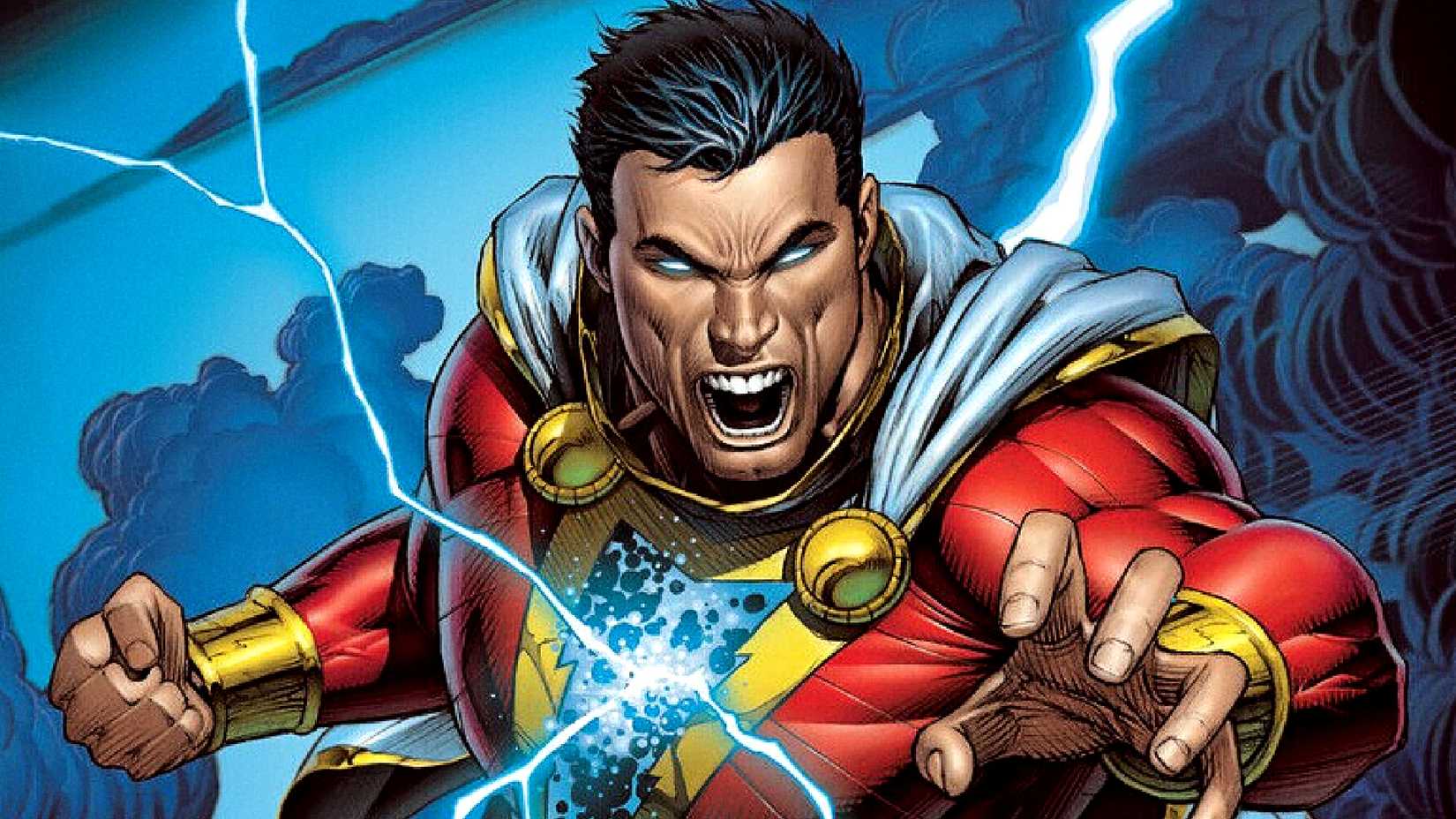 Shazam screams as his lightning emblem shoots lightning in DC Comics art